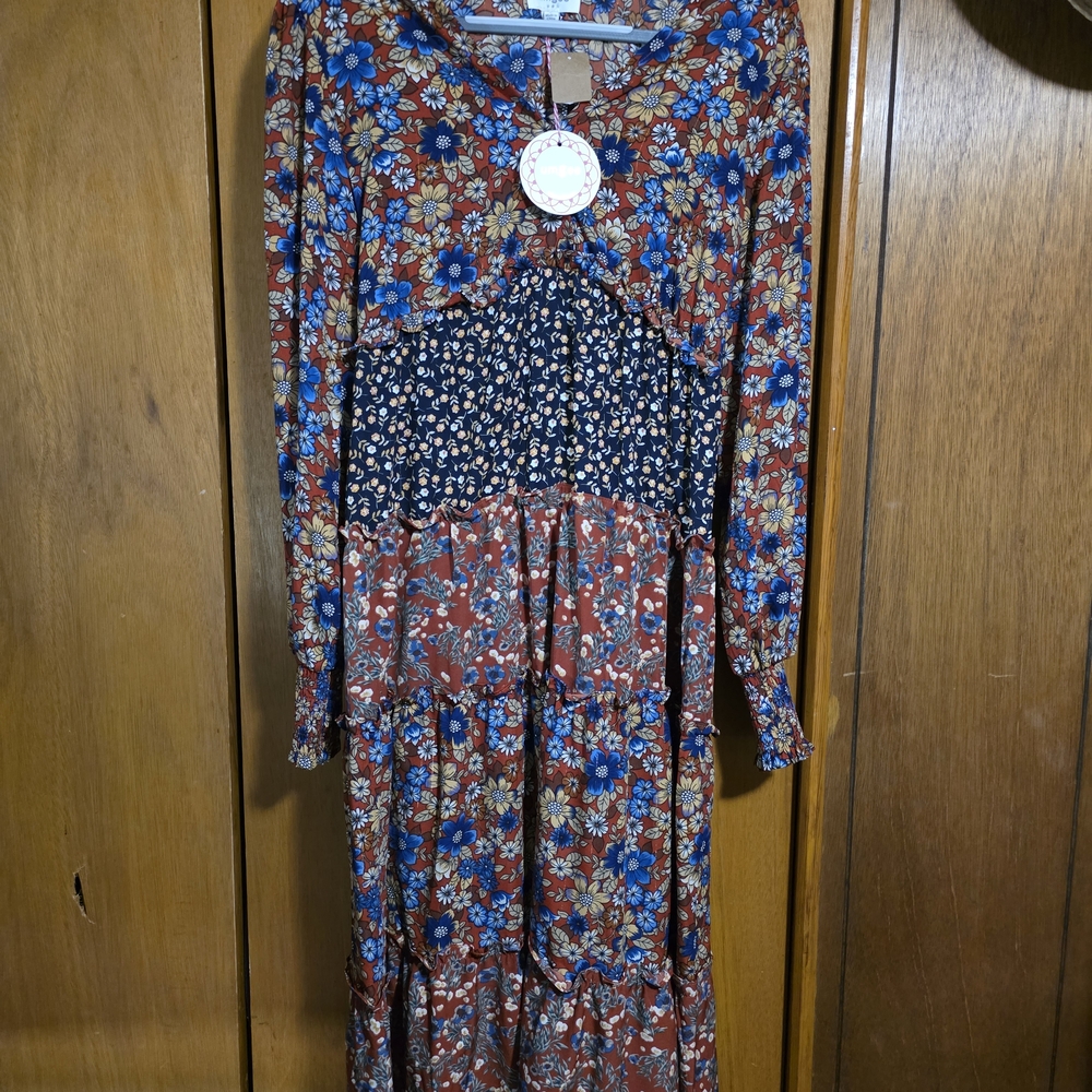 Umgee Rust Floral Maxi Dress with Navy Accents